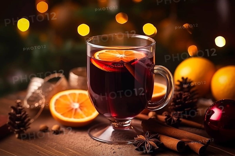 Glass of traditional mulled wine with orange and cranberry garnishes on a cozy Christmas table. The background is blurred with bokeh lights and candles, creating a warm and festive atmosphere, AI generated