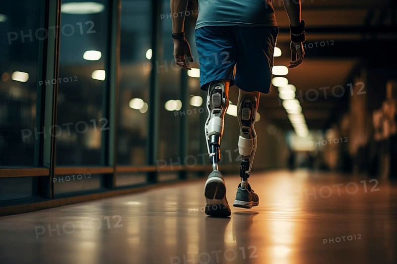 Amputee sportsman walking in corridor with bionic prosthetic legs prosthesis with robotic technology. Advancements in medical science and engineering, determination, strength, progress of the disabled, AI generated