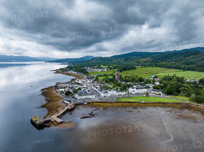 Aerial view of the village of Inveraray on Loch Fyne, a 65 kilometre long fjord, Argyll and Bute, Scotland, United Kingdom, Europe