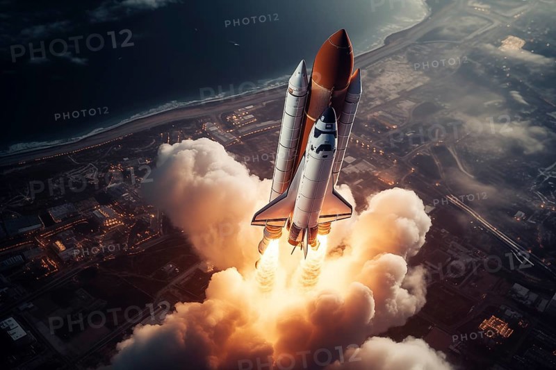 Aerial view of a rocket shuttle carrier launch at sunrise over an ocean coast. The rocket is blasting off with a trail of smoke and flames behind it, AI generated