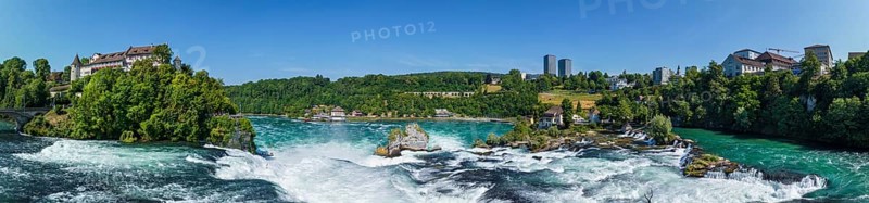 Aerial panorama of the Rhine Falls, Schloss Laufen on the left, Neuhausen, Canton Schaffhausen, Switzerland, Europe