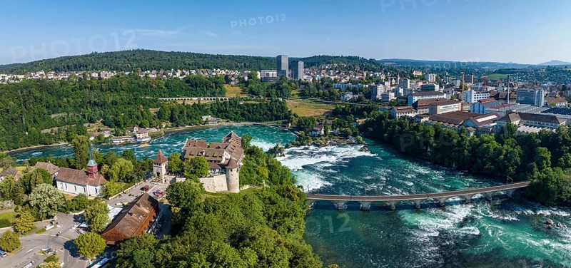 Aerial panorama of the Rhine Falls with tourist centre and Laufen Castle, Neuhausen, Canton Schaffhausen, Switzerland, Europe