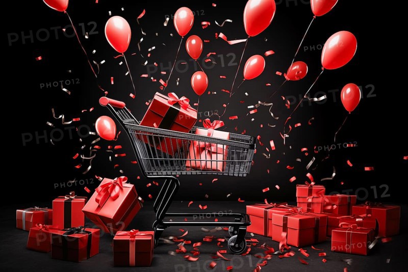 A black Friday Sale concept, black present boxes with red ribbons in shopping cart on a black background, AI generated