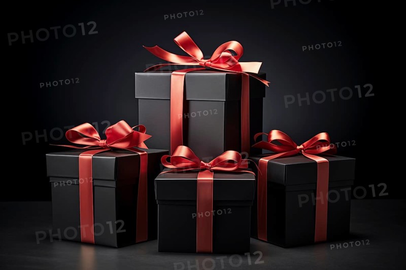 A black Friday Sale concept with black present boxes with red ribbons on a black background, AI generated