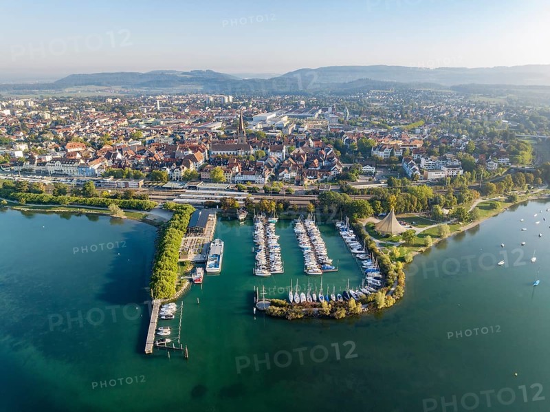 Aerial view of the town of Radolfzell on Lake Constance with the WÃ¤schbruck harbour, harbour pier and concert sail, district of Constance, Baden-Württemberg, Germany, Europe