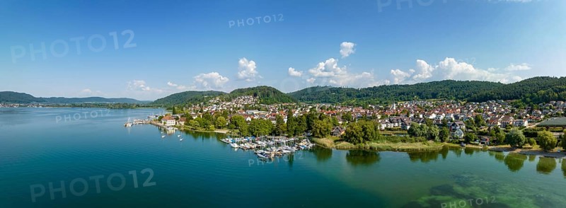Aerial panorama of Lake Constance with the municipality of Bodman-Ludwigshafen with the marina and old customs house, Hegau, Constance County, Baden-Württemberg, Germany, Europe