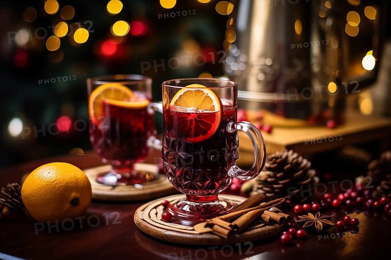Two glasses of traditional mulled wine with orange and cranberry garnishes on a cozy Christmas table. The background is blurred with bokeh lights and candles, creating a warm and festive atmosphere, AI generated