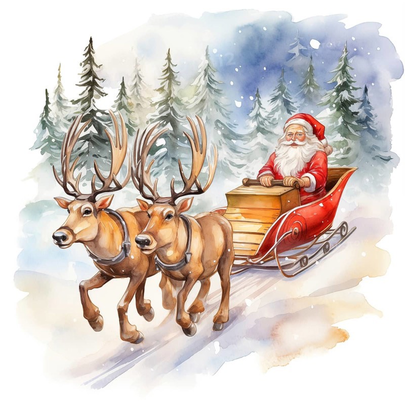 A watercolor drawing illustration of Santa Claus sleigh ride with reindeer, in the style of children s book illustration. The image captures the magic and whimsy of Christmas, AI generated