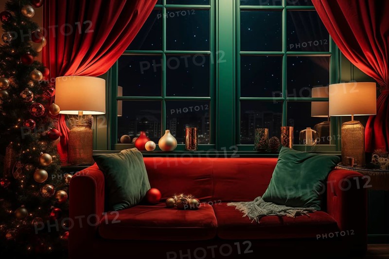 A cozy interior living room decorated for Christmas with a Christmas tree. The image captures the warm and inviting atmosphere of the holiday season, AI generated