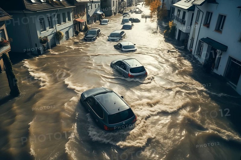 Climate change disaster flood catastrophe concept background, cars in flooded street of European city town, AI generated