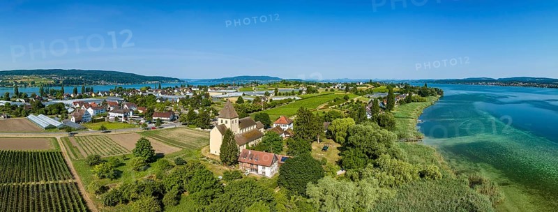 Aerial panorama of Reichenau Island with St. George's Church, Oberzell, Reichenau, UNESCO World Heritage Site, Constance County, Baden-Württemberg, Germany, Europe