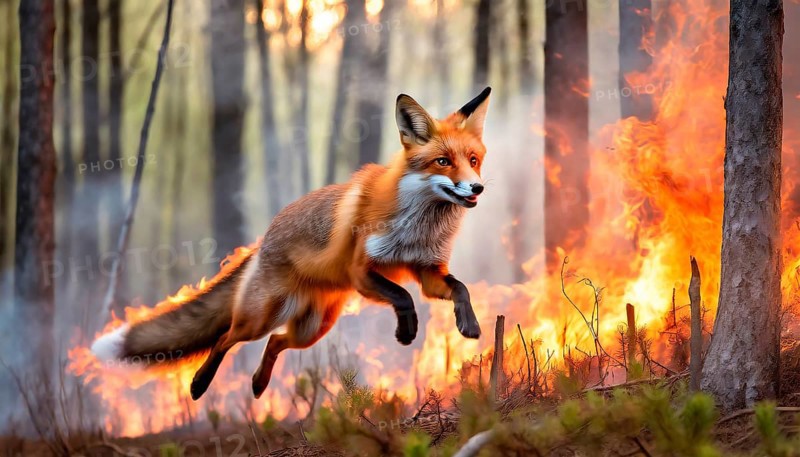 Climate change, global warming, environmental catastrophe, a red fox flees from a forest fire in great leaps, AI generated