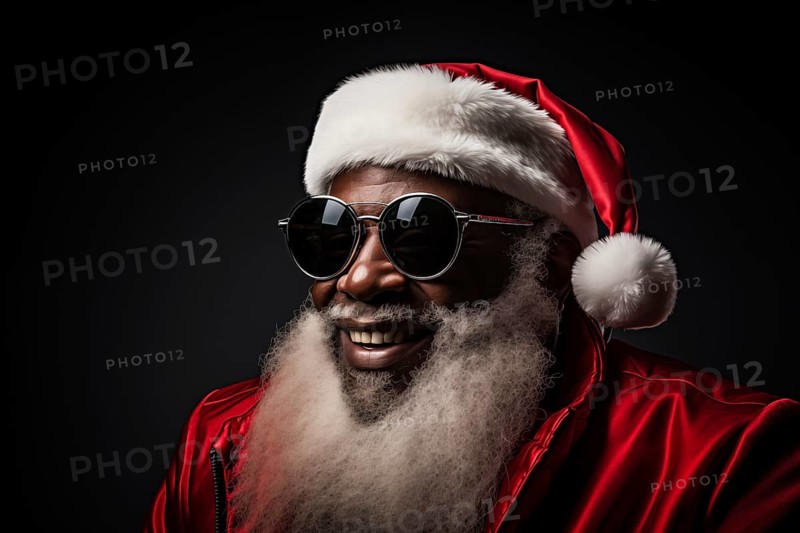 Modern black Santa Claus in Santa hat with sunglasses and long white beard, smiling while looking at camera against dark background. Festive and cheerful spirit of the holiday season, AI generated