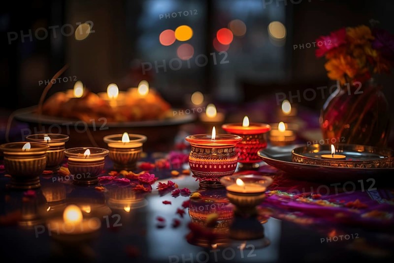 Diwali indian festival of lights background, burning diya lamps on a decorated table close up, AI generated
