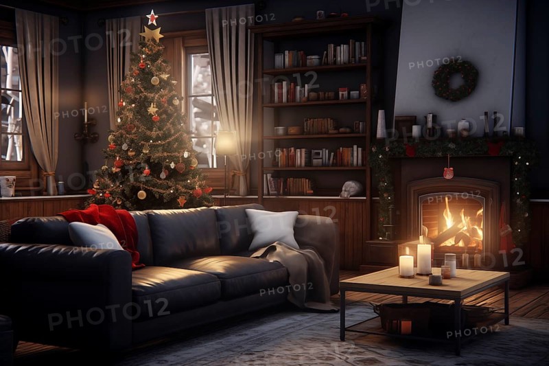 A cozy interior living room with burning fireplace decorated for Christmas with a Christmas tree. The image captures the warm and inviting atmosphere of the holiday season, AI generated