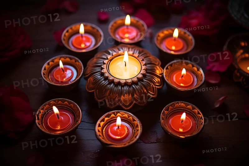 Diwali indian festival of lights background, burning diya lamps on a decorated table close up, AI generated