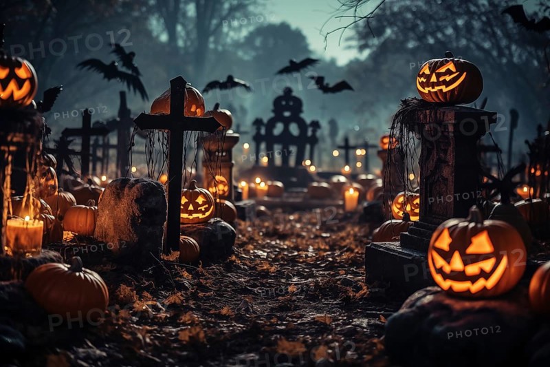 Halloween concept, spooky graveyard at night under full moon with Halloween jack-o-lantern pumpkins with glowing eyes, graves and tombstones, AI generated