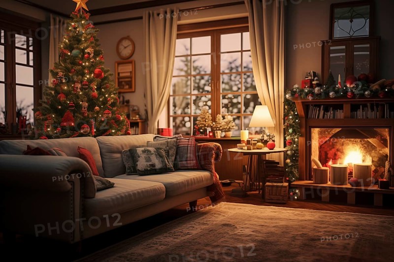 A cozy interior living room with burning fireplace decorated for Christmas with a Christmas tree. The image captures the warm and inviting atmosphere of the holiday season, AI generated