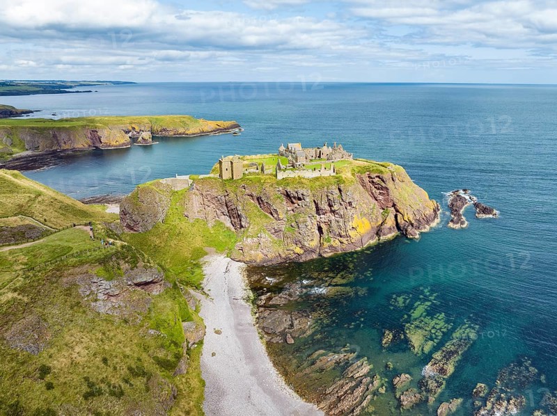 Aerial view of Dunnottar Castle ruins on the North Sea coast, Stonehaven, Aberdeenshire, Scotland, United Kingdom, Europe