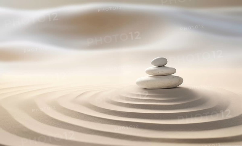 Zen stones stack on raked sand in a minimalist setting for balance and harmony. Balance, harmony, and peace of mind, wellness, meditation, and spirituality concept, AI generated