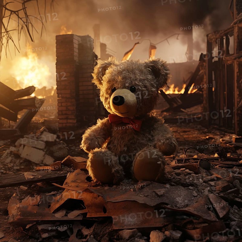 A poignant concept image depicting the tragic impact of war on children. A sad teddy bear toy sits amid the ruins of a house destroyed by conflict, symbolizing the loss and despair caused by war, AI generated
