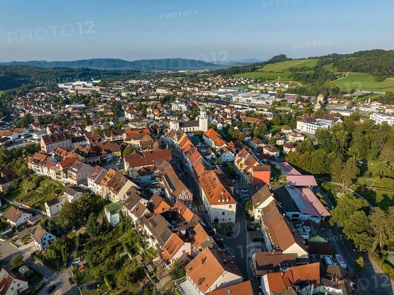 Aerial view of the town of Stockach with the church of St. Oswald in the upper town, historic town centre, Hegau, Constance district, Baden-Württemberg, Germany, Europe