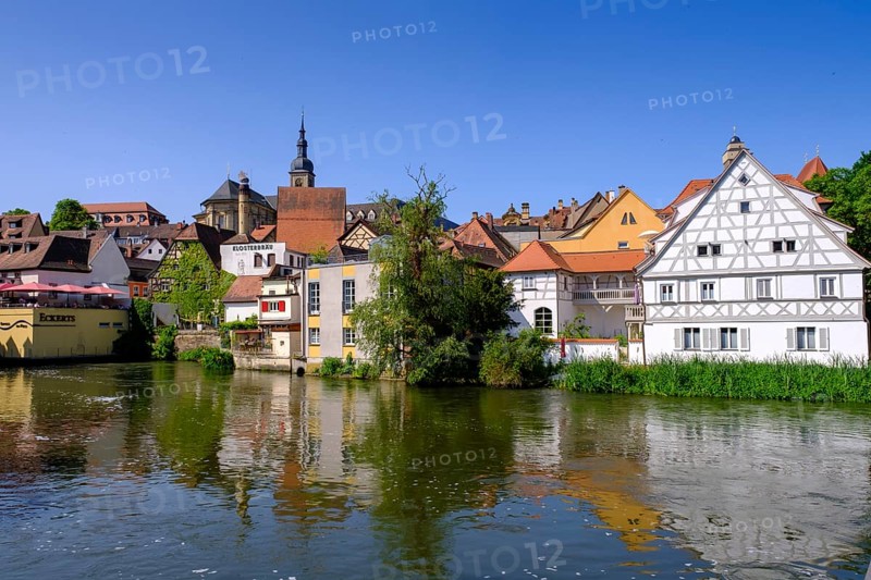 Left arm of the Regnitz, with mill bridge, and Eckert's inn, Bamberg, Upper Franconia, Bavaria, Germany, Europe