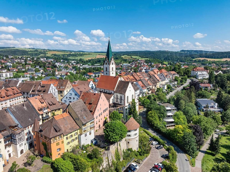 Aerial view of the town of Engen in Hegau with the Church of the Assumption of the Virgin Mary in the old town, district of Constance, Baden-Württemberg, Germany, Europe