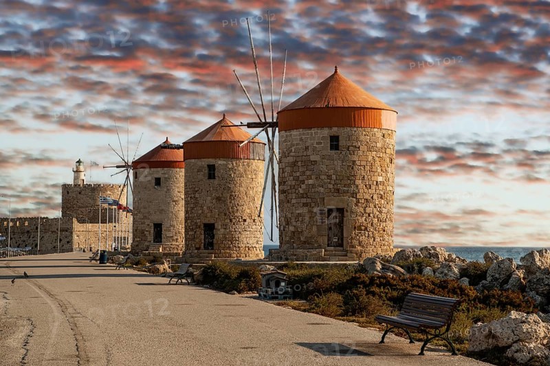 Windmills in the harbour of Rhodes in the early morning, UNESCO World Heritage Site, Greece, Europe