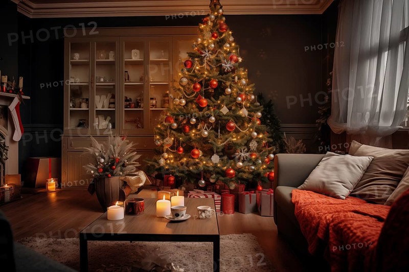 A cozy interior living room decorated for Christmas with a Christmas tree with presents gift boxes. The image captures the warm and inviting atmosphere of the holiday season, AI generated
