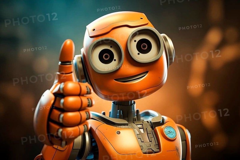 Orange robot showing a thumbs up gesture. The friendly robot has big round eyes and a friendly smile. Concept of artificial intelligence technology approval agreement, success, friendliness, AI generated