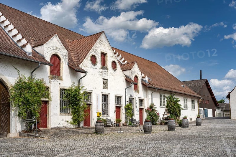 Former monastery barns on the monastery square of the former Benedictine abbey, Rheinau, Andelfingen, Canton Zurich, Switzerland, Europe