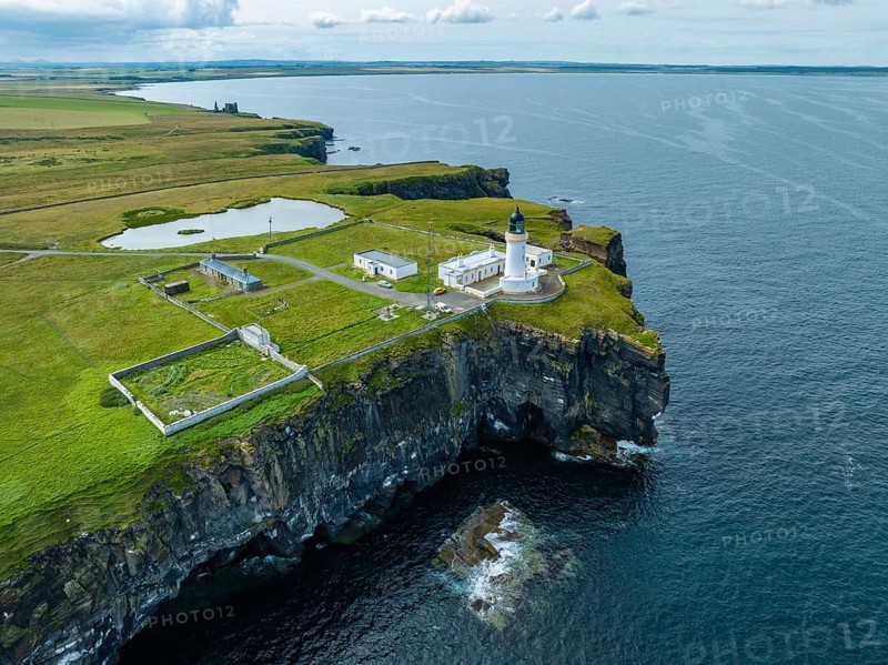 Aerial view of the lighthouse at Noss Head, North Sea coast, Wick, County Caithness, Scotland, United Kingdom, Europe