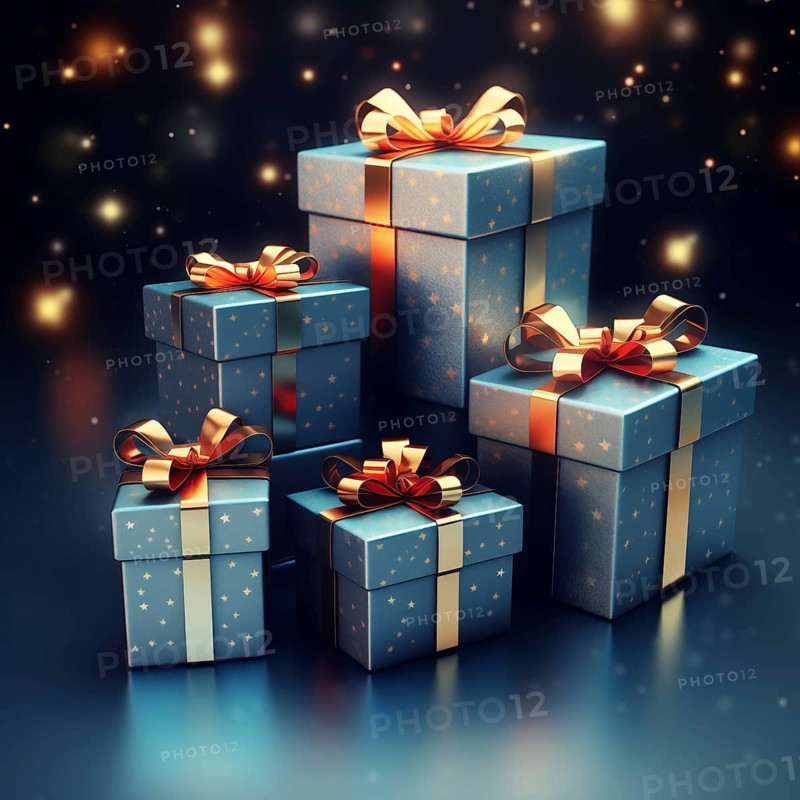 A pile of blue Christmas presents gift boxes on blue background. The image captures the festive merry and joyful spirit of the holiday season, AI generated
