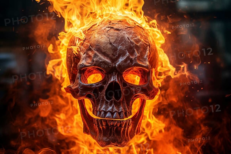 Spooky and scary burning skull on a dark background. Perfect for Halloween or horror-themed projects, AI generated