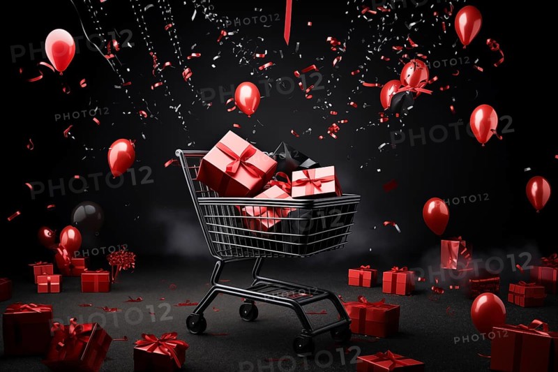 A black Friday Sale concept, black present boxes with red ribbons in shopping cart on a black background, AI generated