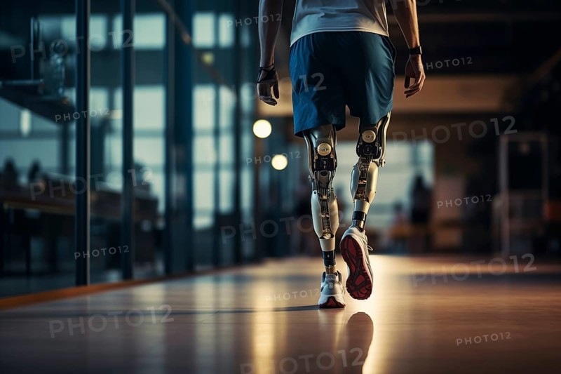 Amputee sportsman walking in corridor with bionic prosthetic legs prosthesis with robotic technology. Advancements in medical science and engineering, determination, strength, progress of the disabled, AI generated