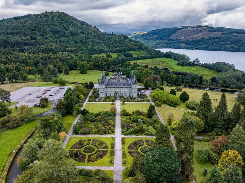 Aerial view of Inveraray Castle seen from the southwest, Argyll and Bute, Scotland, United Kingdom, Europe