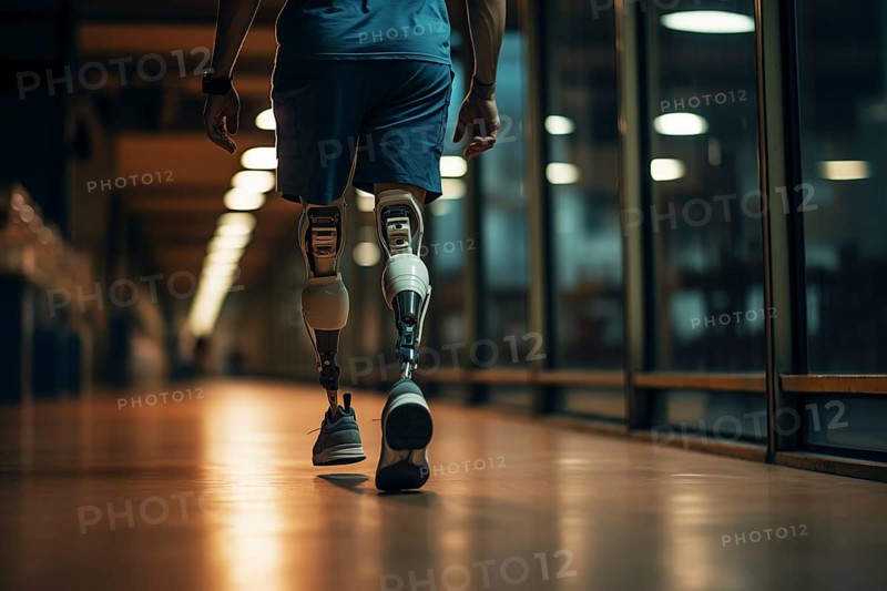 Amputee sportsman walking in corridor with bionic prosthetic legs prosthesis with robotic technology. Advancements in medical science and engineering, determination, strength, progress of the disabled, AI generated