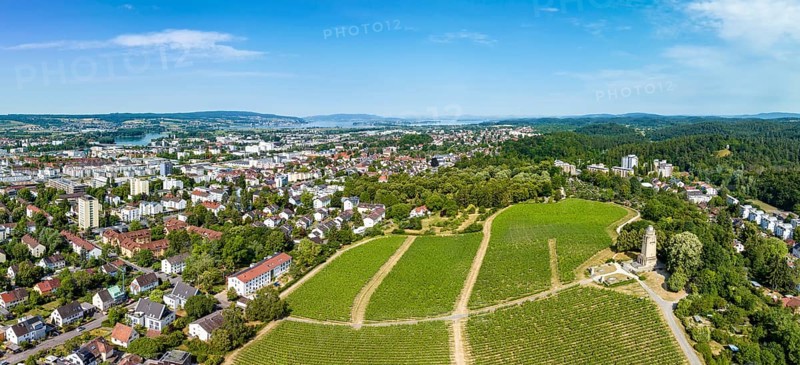 Aerial panorama of the Bismarck Tower on the Raiteberg in the northern part of the city of Constance, viticulture at Lake Constance, Constance County, Baden-Württemberg, Germany, Europe