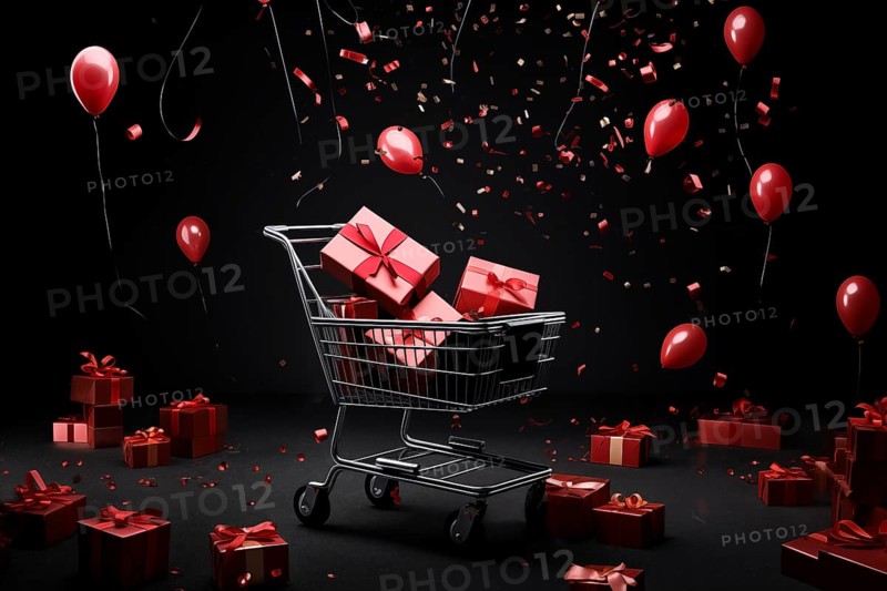 A black Friday Sale concept, black present boxes with red ribbons in shopping cart on a black background, AI generated
