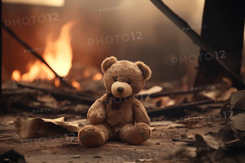 A poignant concept image depicting the tragic impact of war on children. A sad teddy bear toy sits amid the ruins of a house destroyed by conflict, symbolizing the loss and despair caused by war, AI generated