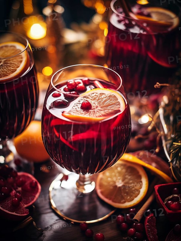 Glass of traditional mulled wine with orange and cranberry garnishes on a cozy Christmas table. The background is blurred with bokeh lights and candles, creating a warm and festive atmosphere, AI generated