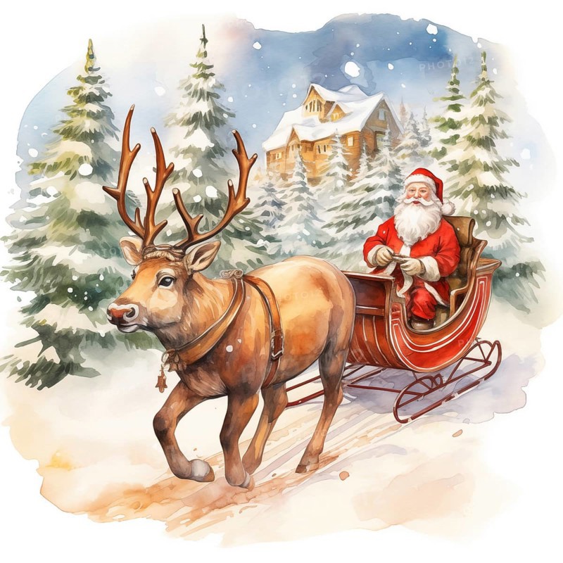 A watercolor drawing illustration of Santa Claus sleigh ride with reindeer, in the style of children s book illustration. The image captures the magic and whimsy of Christmas, AI generated