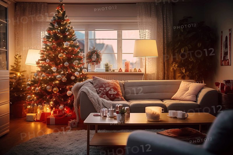 A cozy interior living room decorated for Christmas with a Christmas tree with presents gift boxes. The image captures the warm and inviting atmosphere of the holiday season, AI generated