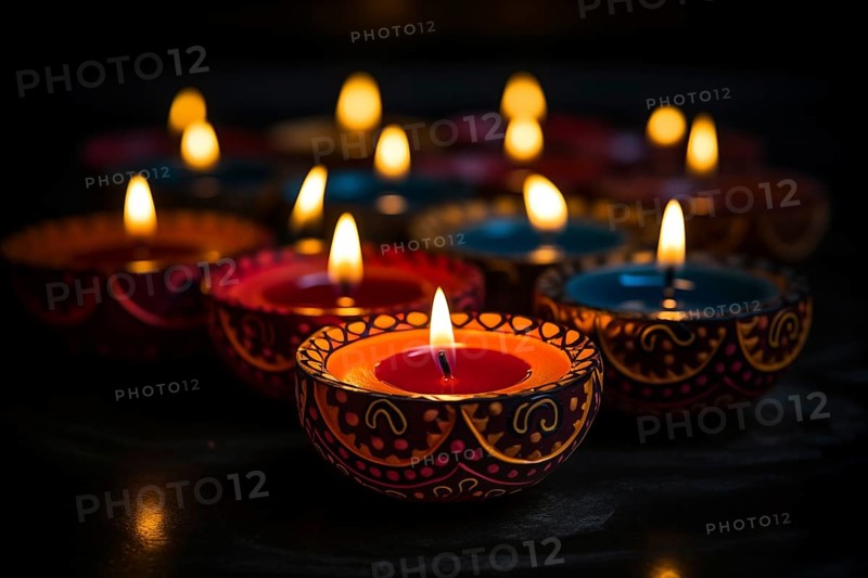 Diwali indian festival of lights background, burning diya lamps on a decorated table close up, AI generated, AI generated