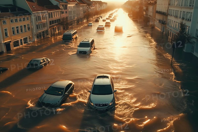 Climate change disaster flood catastrophe concept background, cars in flooded street of European city town, AI generated