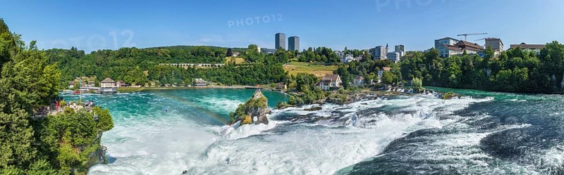 Aerial panorama of the Rhine Falls, viewing terrace on the left, Neuhausen, Canton Schaffhausen, Switzerland, Europe