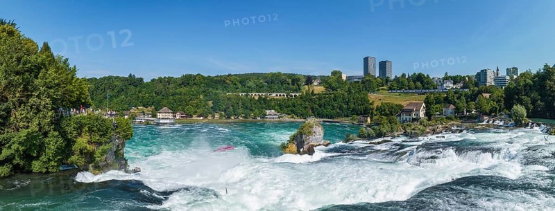 Aerial panorama of the Rhine Falls, viewing terrace on the left, Neuhausen, Canton Schaffhausen, Switzerland, Europe