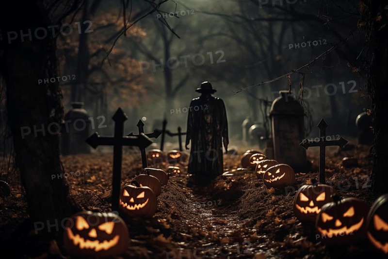 Halloween concept, spooky graveyard at night under full moon with Halloween jack-o-lantern pumpkins with glowing eyes, graves and tombstones, AI generated